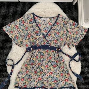 Womens Vintage Cotton Wildflowers Tie Waist Shirt Top in Navy Multicolor